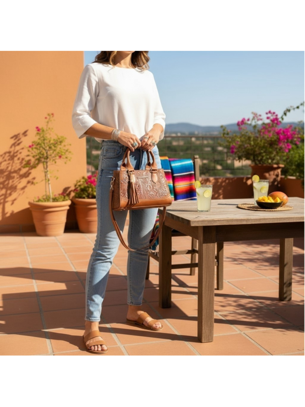 Brown Tasseled Floral Embossed Tooled Artisan LEATHER Crossbody bag Purse - Picture 3 of 16